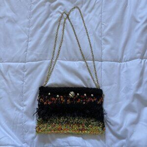 Vintage 90s Y2k Boho Bag Shoulder Fringe Hippie Gold Accents Black Green